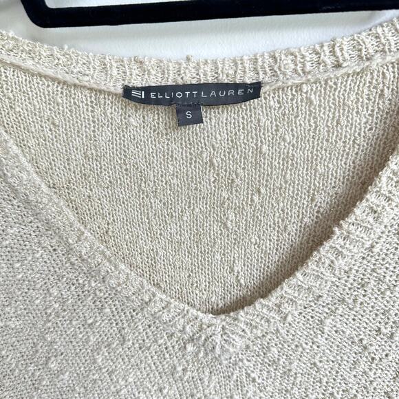 Elliott Lauren Beige Shimmer Small Textured Lightweight Knit Sweater Fall V-Neck - Picture 4 of 6